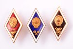 set of badges, 3 pcs., educational institutions, USSR, shortened screw...