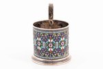 tea glass-holder, silver, 916 standard, 185.5 g, cloisonne enamel, h (with handle) 9.8 cm, Ø (inside...