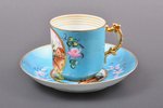 tea pair, porcelain, M.S. Kuznetsov manufactory, hand-painted, Russia, 1864-1889, Ø (saucer) 14 cm,...