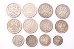 set of 12 coins: 5 kopecks, 10 kopecks, 15 kopecks, 20 kopecks, 1867-1915, silver billon (500), Russ...