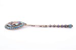 spoon for salt, silver, 84 standard, 4.9 g, cloisonne enamel, 7.7 cm, 1908-1917, Moscow, Russia...