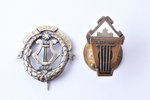 pair of badges, singing societies: Riga Bach Society (Rīgas Baha biedrība) and "Dziesmuvara", Latvia...