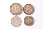 1 mark, 5 marks, 2 marks, 1908-1938, set of 4 coins, silver, nickel, Germany...