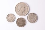 set of 4 coins: 1 lat (1924), 5 lats (1929), 2 lats (1926), 50 santims (1922), silver, nickel, Latvi...