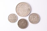 set of 4 coins: 1 lat (1924), 5 lats (1929), 2 lats (1926), 50 santims (1922), silver, nickel, Latvi...