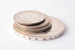 set of 4 coins: 1 lat (1924), 5 lats (1929), 2 lats (1926), 50 santims (1922), silver, nickel, Latvi...