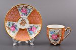 kafijas pāris, porcelāns, roku gleznojums, Eiropa, h (tasīte) 5 cm, Ø (apakštasīte) 9.8 cm, zeltījum...