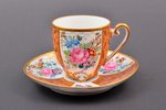 kafijas pāris, porcelāns, roku gleznojums, Eiropa, h (tasīte) 5 cm, Ø (apakštasīte) 9.8 cm, zeltījum...