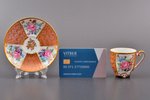 kafijas pāris, porcelāns, roku gleznojums, Eiropa, h (tasīte) 5 cm, Ø (apakštasīte) 9.8 cm, zeltījum...