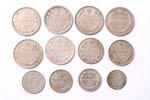 12 monētu komplekts: 5 kopeikas, 10 kopeikas, 15 kopeikas, 20 kopeikas, 1867-1915 g., sudraba billon...