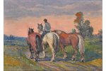 Lauva Jānis (1906 - 1986), Ainava ar zirgiem, 1977 g., kartons, eļļa, 70 x 50 cm...