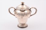 сахарница, серебро, 84 проба, 290 г, штихельная резьба, золочение, h (с крышкой) 14.7 см, фабрика Ан...