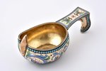 ковш, серебро, 84 проба, 49.55 г, перегородчатая, расписная эмаль, золочение, 9 x 4.6 x 3.5 см, 1908...