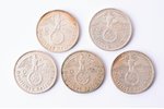2 марки, 1937-1939 г., комплект из 5 монет, серебро, Германия, Ø 25 мм...